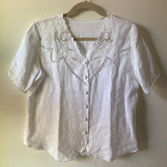 Chasing Unicorns✨ Not Alone Anymore Linen Cutwork Blouse sz M - Picture 12 of 17